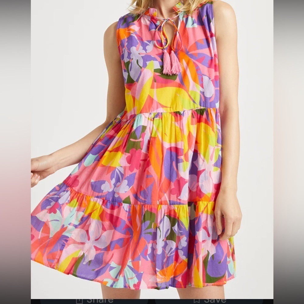 Jude Connally Pink Tropical Floral Tiered Cotton Tassel Mini Dress Womens Medium